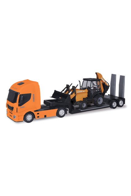 Brinquedo Caminhão Iveco Hi Way Plataforma Retroescavadeira Case Construction laranja