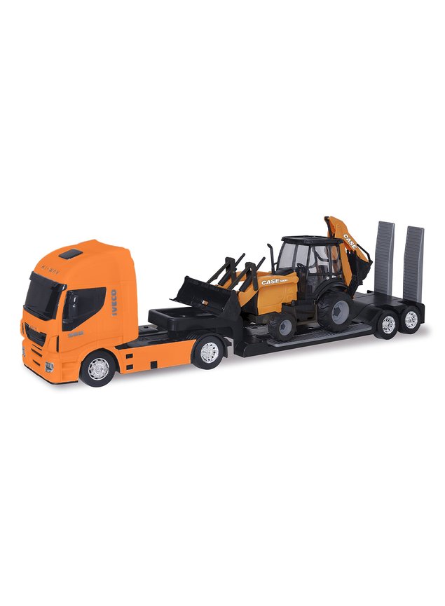 Brinquedo Caminhão Iveco Hi Way Plataforma Retroescavadeira Case Construction laranja