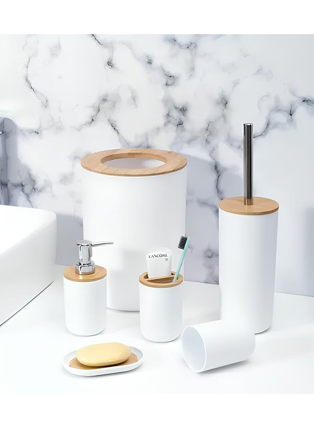 Kit 6 Peças Para Banheiro Lavabo Moderno Bambu Plástico ABS