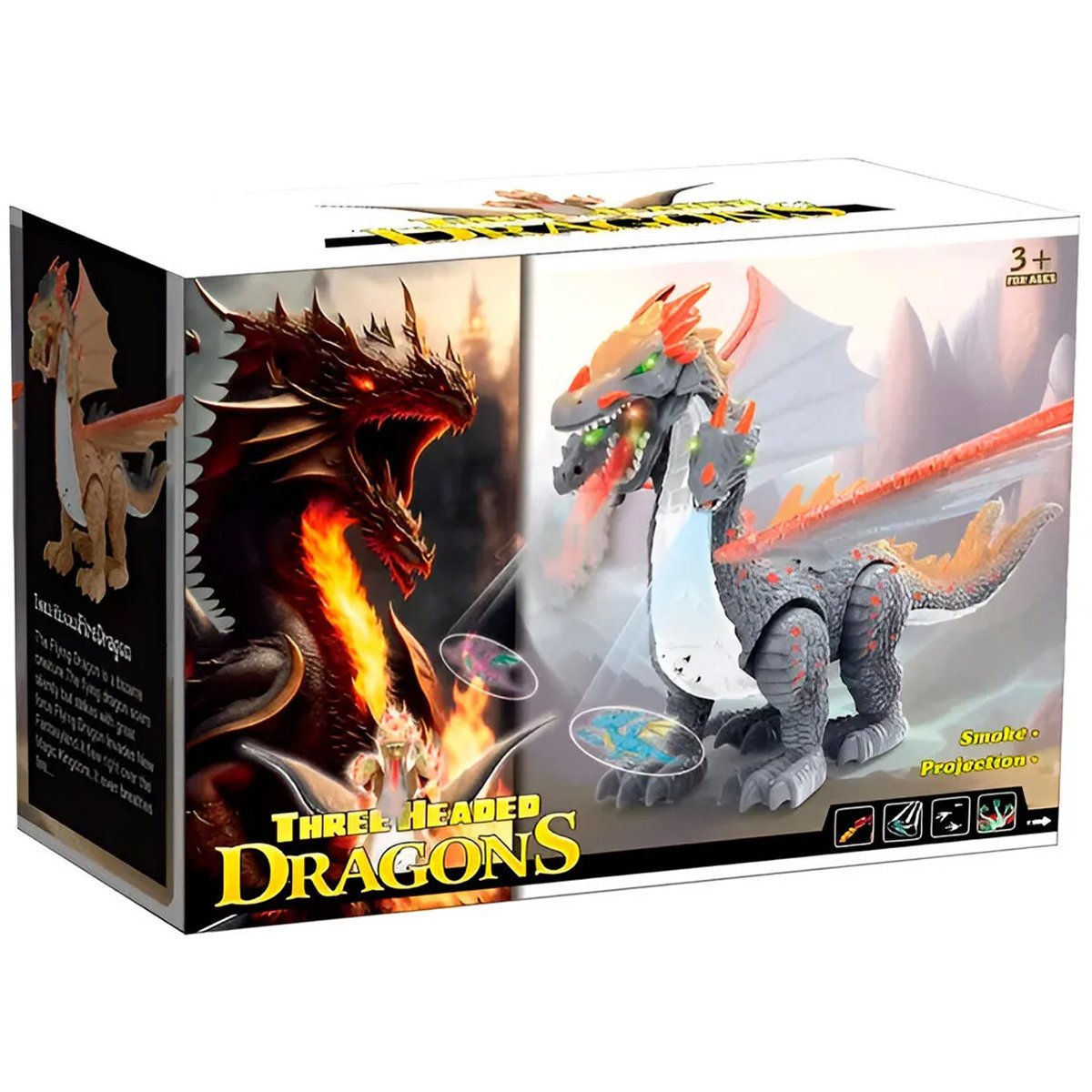 dragao dinossauro 3 cabecas som luz movimento projeta imagem