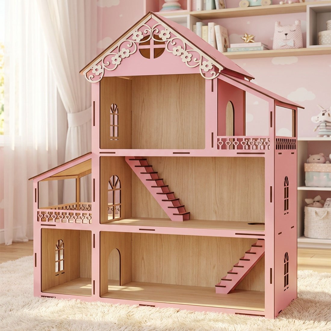 Casinha Boneca Rosa Branco Miniatura MDF Barbie Polly 60cm