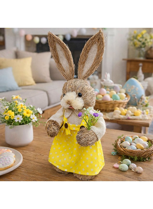 boneco coelho coelhinho decoracao enfeite pascoa palha 33cm amarelo