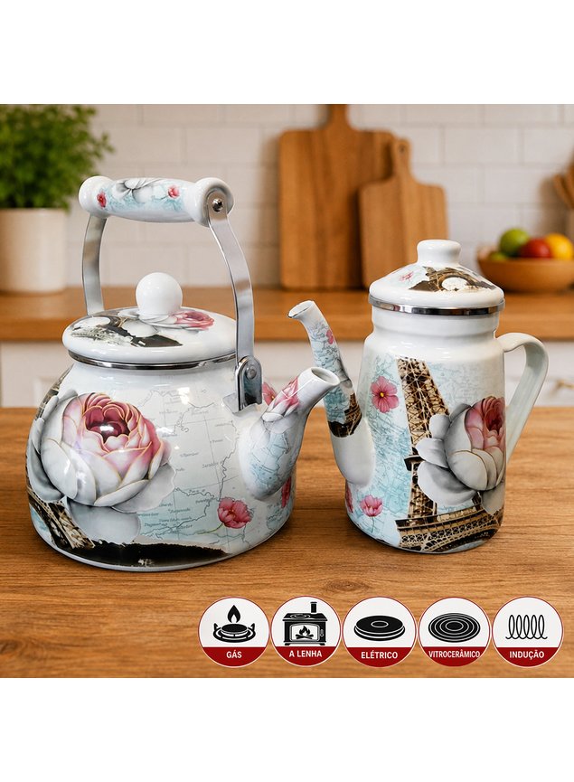 Chaleira 2,5L Bule 1,2L Paris Esmaltada Todos Fogões Kit 2pç