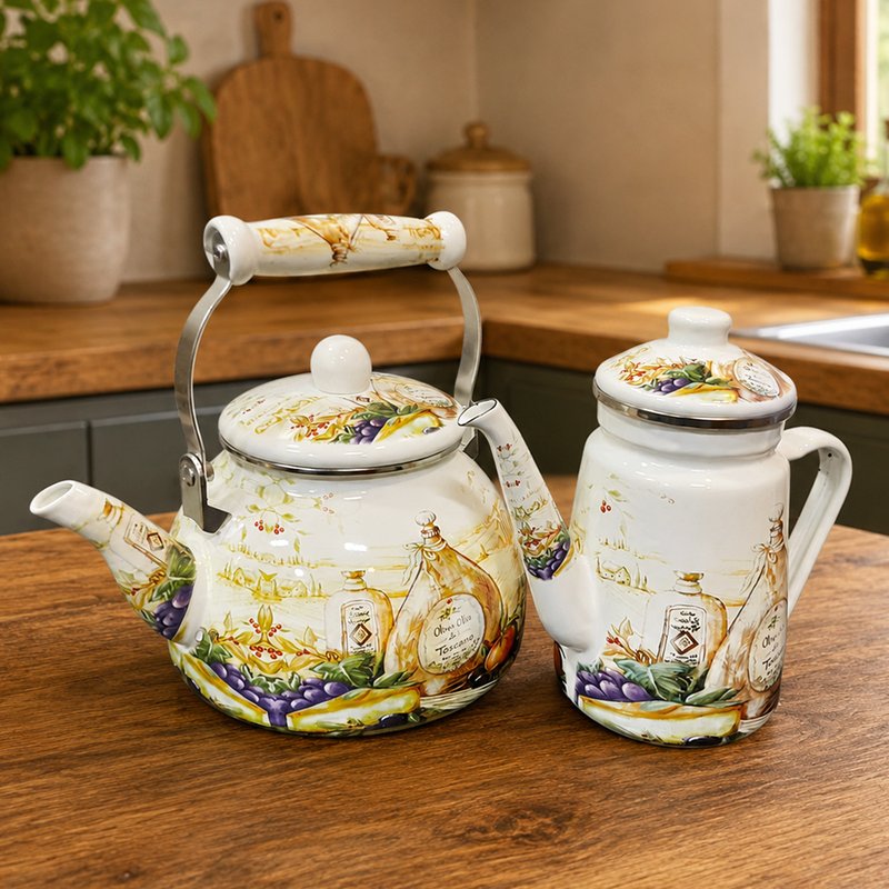 Chaleira 2,5L Bule 1,2L Italy Esmaltada Todos Fogões Kit 2pç